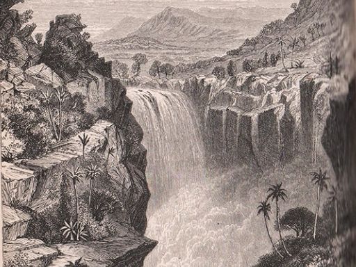 A drawing of Murchison Falls from Sir Samuel Baker's book The Albert N'yanza.